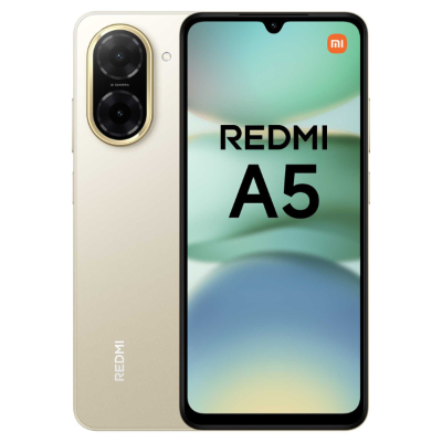 Smartphone Redmi A5 dourado com duas câmaras e ecrã com o texto REDMI A5