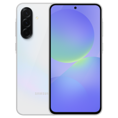 Smartphone Samsung branco com três câmaras traseiras e ecrã frontal colorido