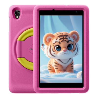 Tablet infantil com capa protetora rosa e verde com tigre bebé animado no ecrã