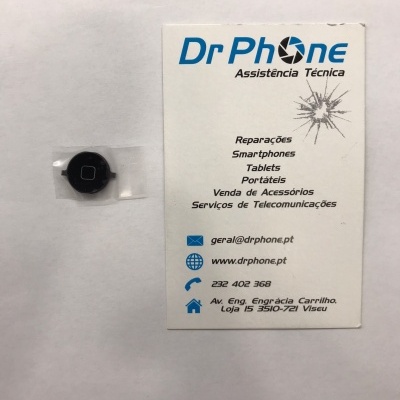 Botão Home preto com anel dourado ao lado de cartão de visita da Dr Phone Assistência Técnica