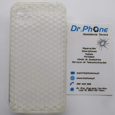 capa de smartphone transparente com padrão quadriculado ao lado de cartão de visita da Dr. Phone