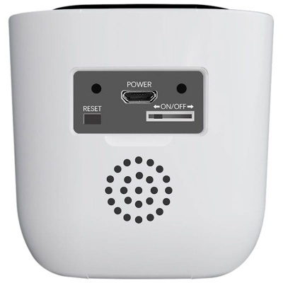Dispositivo eletrónico branco com porta micro USB, botão reset, chave ON/OFF e orifícios circulares