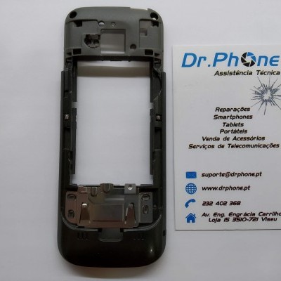 Carcaça traseira de telemóvel preto e cartão de visita de assistência técnica Dr. Phone