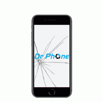 Smartphone preto com ecrã quebrado com texto Dr Phone no ecrã