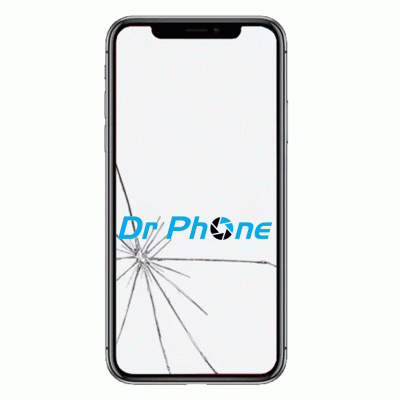 Smartphone com ecrã partido e texto Dr Phone no ecrã