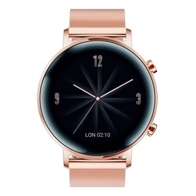 Relógio inteligente com bracelete de metal rosé e mostrador preto