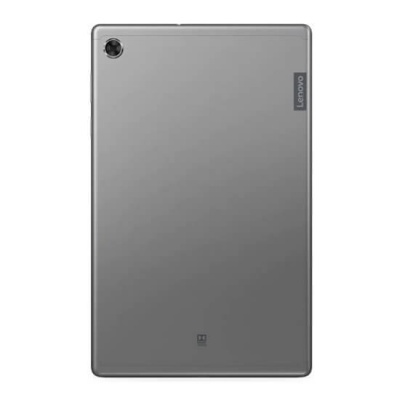 Tablet Lenovo cinza visto de trás com câmara no canto superior esquerdo.
