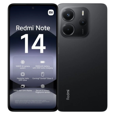 Smartphone Redmi Note 14 preto com ecrã frontal e traseira visível
