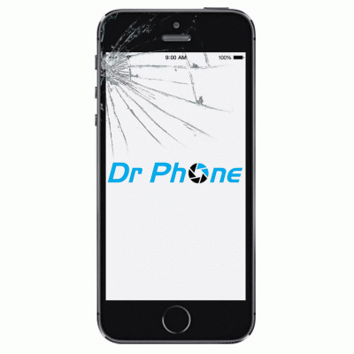Smartphone preto com ecrã partido e logotipo Dr Phone no ecrã