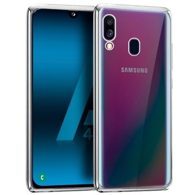 Smartphone Samsung com ecrã preto e traseira em gradiente roxo azul