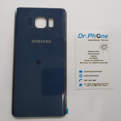 Capa traseira azul de telemóvel Samsung com cartão de visita Dr.Phone ao lado