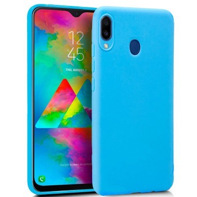 Smartphone com capa azul em silicone com aberturas para câmara e sensor