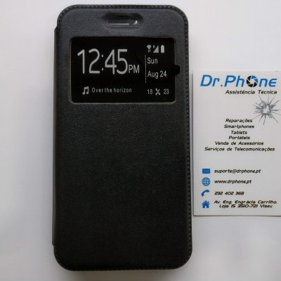 Capa preta para smartphone com janela transparente e cartão de visita de assistência técnica