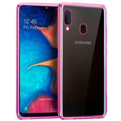 Smartphone Samsung com capa rosa e ecrã a mostrar data e hora