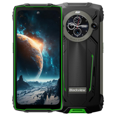 Smartphone Blackview robusto preto e verde com ecrã de planeta e mostrador analógico