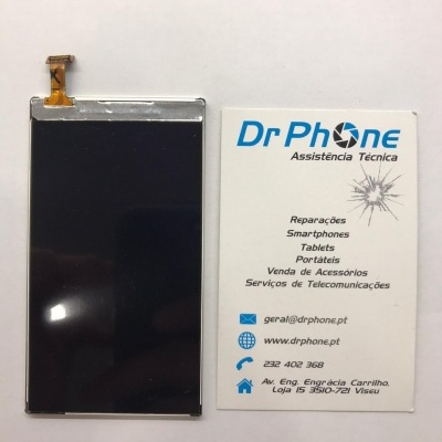 Ecrã LCD preto ao lado de cartão de visita da Dr Phone com informações de assistência técnica