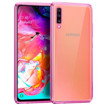 Smartphone Samsung rosa com ecrã colorido a mostrar data e hora