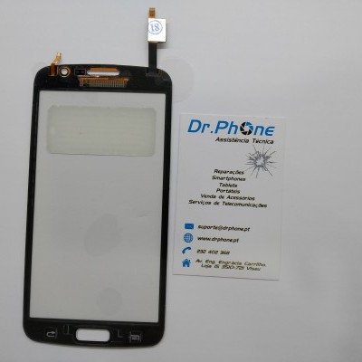 Ecrã tátil preto para telemóvel com cartões de visita Dr.Phone ao lado