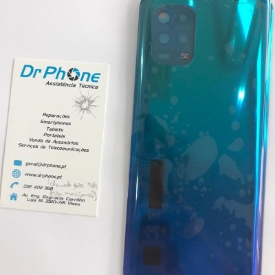 Smartphone azul-esverdeado brilhante ao lado de cartão de visita Dr Phone Assistência Técnica