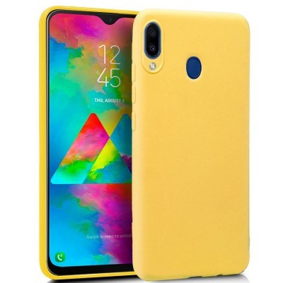 Smartphone com capa protetora amarela e ecrã colorido