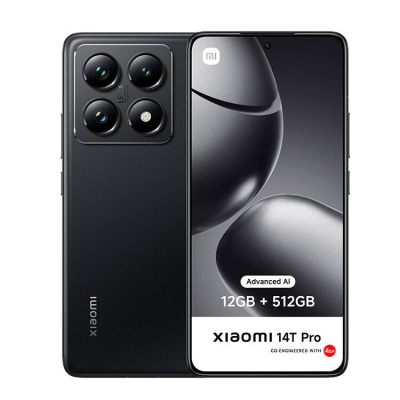 Smartphone Xiaomi 14T Pro preto com quatro câmaras e ecrã com texto de especificações