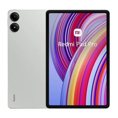 Tablet Redmi Pad Pro cinza com duas câmaras e ecrã colorido com texto