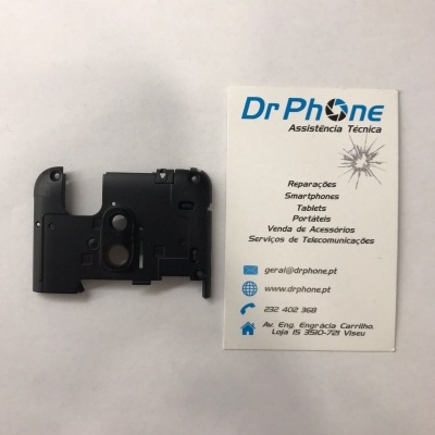 Peça plástica preta para dispositivo ao lado de cartão de visita da empresa Dr Phone