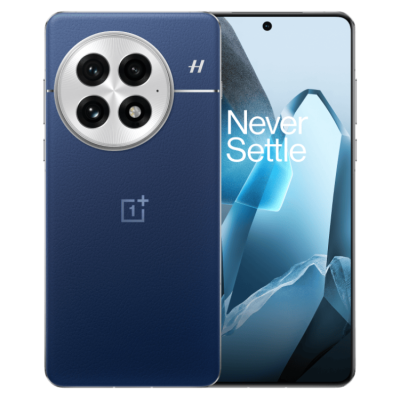 Smartphone OnePlus azul com câmara circular e texto Never Settle no ecrã frontal
