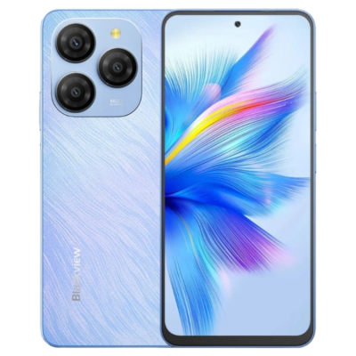 Smartphone Blueview azul claro texturizado com três câmaras traseiras e ecrã grande