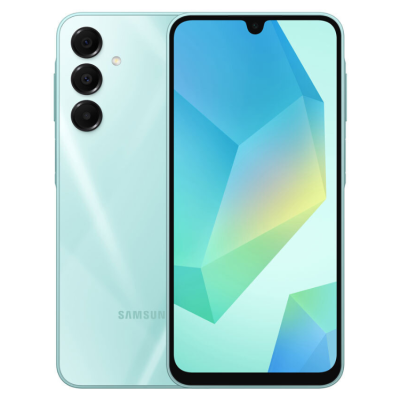 Smartphone Samsung azul claro com três câmaras traseiras e ecrã grande com entalhe frontal