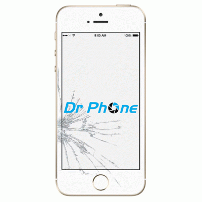 Telemóvel branco com ecrã partido com texto Dr Phone no ecrã