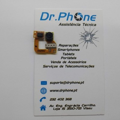 Cartão de visita da Dr. Phone com pequeno componente eletrônico em cima