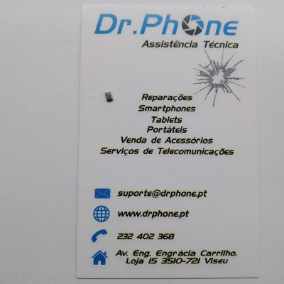 Cartão de visita Dr.Phone com detalhes de serviços e contacto.