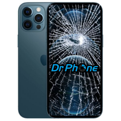 Smartphone azul escuro com ecrã partido e texto Dr Phone