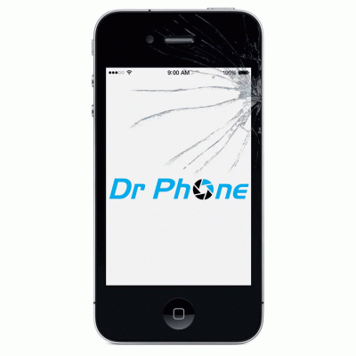 Smartphone preto com ecrã rachado e texto Dr Phone no ecrã