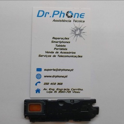 Cartão de visita Dr.Phone com peça eletrónica preta e laranja