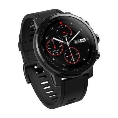 Relógio inteligente preto com mostrador redondo e bracelete de silicone