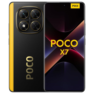 Smartphone POCO X7 preto com detalhe amarelo e três câmaras traseiras