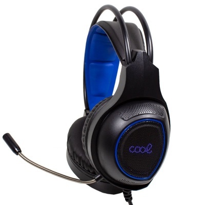 Ausculadores pretos e azuis com microfone e palavra 'cool' em LED azul