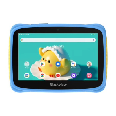 Tablet infantil Blackview com capa azul e ícones de apps no ecrã