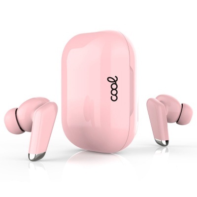 Auriculares wireless rosa com estojo brilhante e texto 'cool'