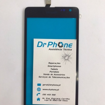 Ecrã táctil preto de smartphone com cartão de visita da Dr Phone Assistência Técnica