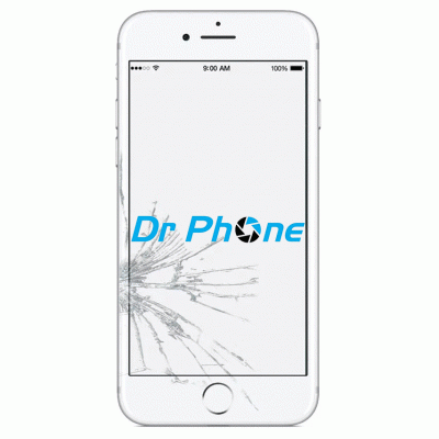 Smartphone branco com ecrã partido e texto Dr Phone