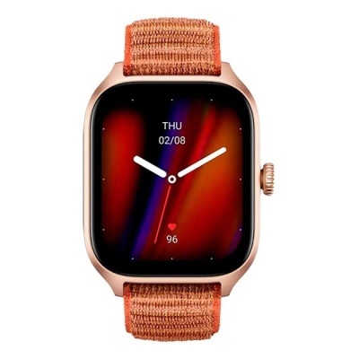 Relógio inteligente dourado com bracelete de tecido laranja e ecrã digital
