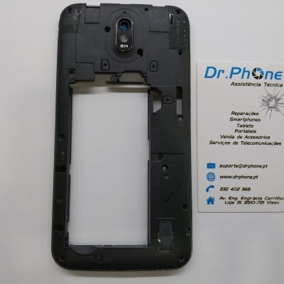 Parte traseira preta de smartphone e cartão de visita da Dr.Phone