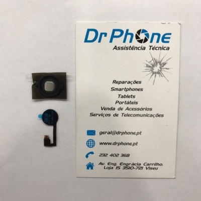 Peça eletrónica preta e cartão de visita da DrPhone Assistência Técnica