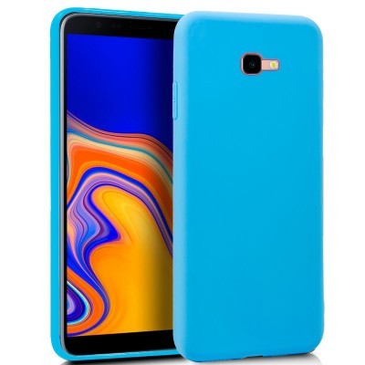 Smartphone com capa azul fosca e ecrã colorido