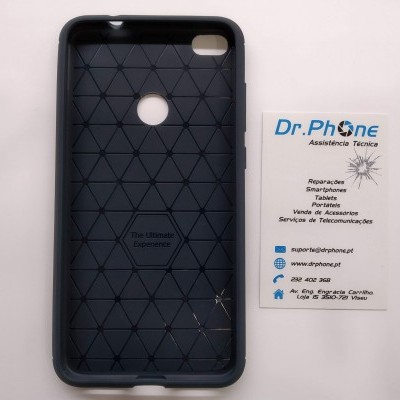 Capa protetora preta para telemóvel com padrão triangular e cartão de visita da Dr. Phone