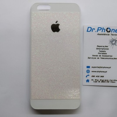 Capa telemóvel branca brilhante com logótipo Apple e cartão de visita Dr.Phone