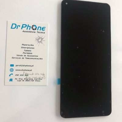 Telemóvel com ecrã preto e cartão de visita de assistência técnica Dr Phone